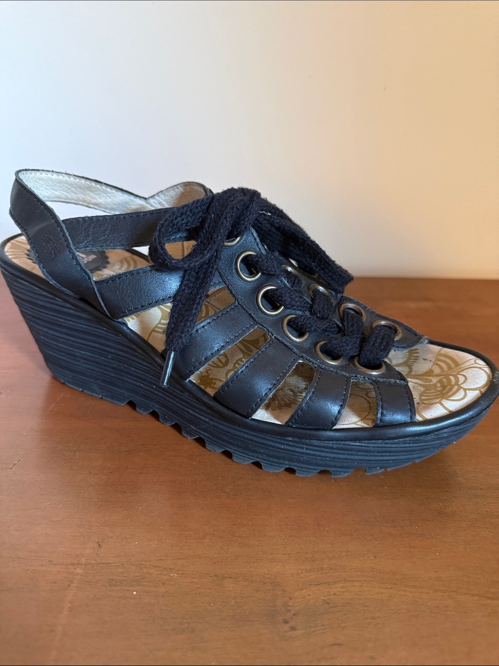 Fly London Yito Damani Wedge Slingback Black Leather Sandal, size 39 (US 8.5)